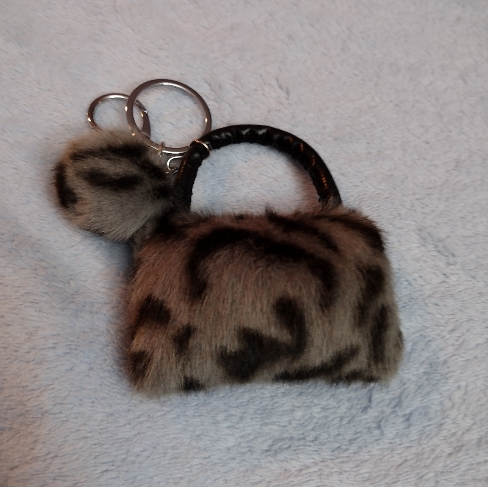 NEW IN BAG, Faux Fur Grey/Black Handbag Keyring/Bag Charm 2.75" x 4.5"